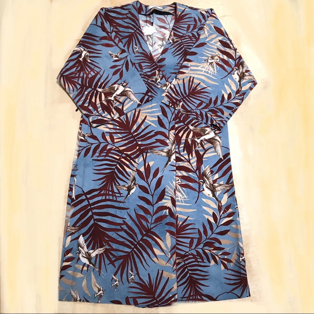 Mango Boho Tropical Midi Dress Blue Rust Leaf Print Loose Fit Modest Resort Wear